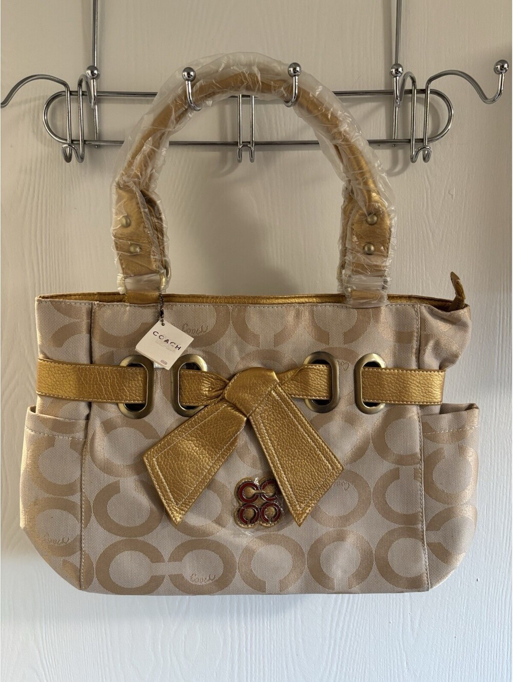 COACH Parker Op Art Canvas Shoulder Bag Beige Gold Leather Bow Charm 13880